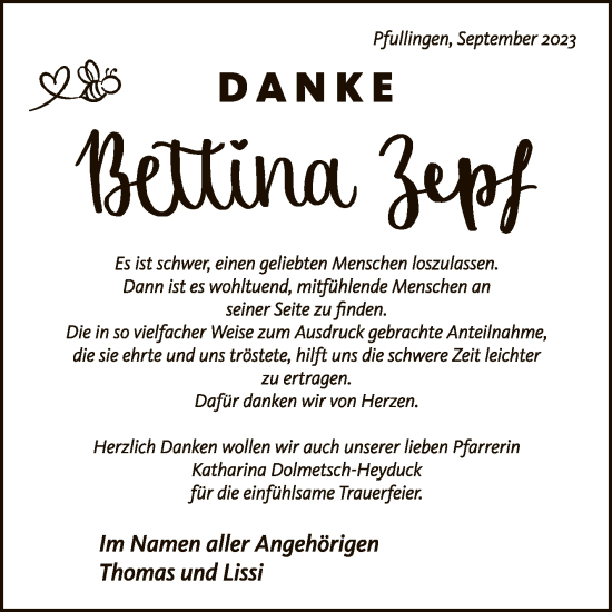 Anzeige von Bettina Zepf von Reutlinger General-Anzeiger