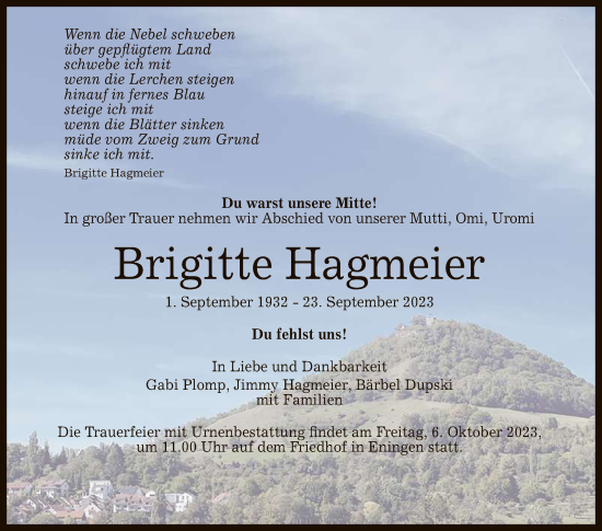 Anzeige von Brigitte Hagmeier von Reutlinger General-Anzeiger