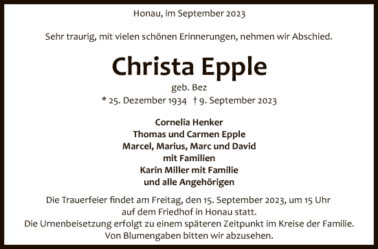Anzeige von Christa Epple von Reutlinger General-Anzeiger