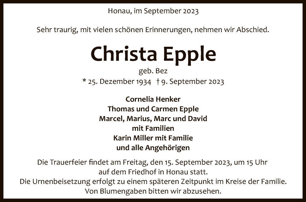  Traueranzeige für Christa Epple vom 13.09.2023 aus Reutlinger General-Anzeiger