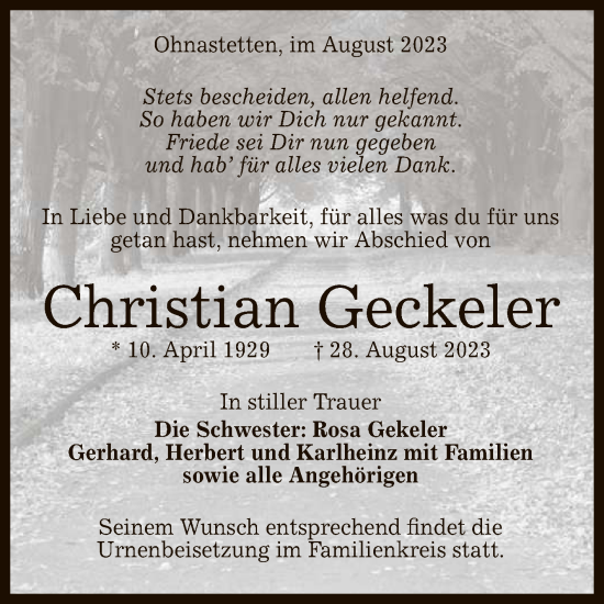Anzeige von Christian Geckeler von Reutlinger General-Anzeiger