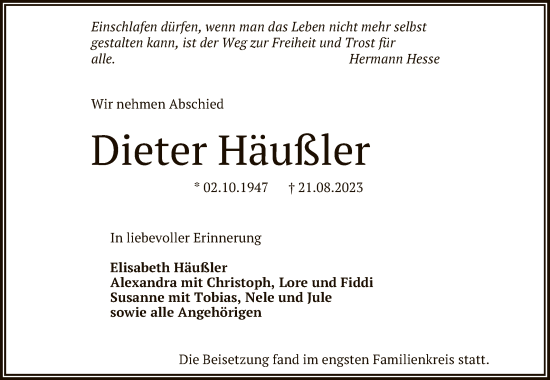 Anzeige von Dieter Häußler von Reutlinger General-Anzeiger