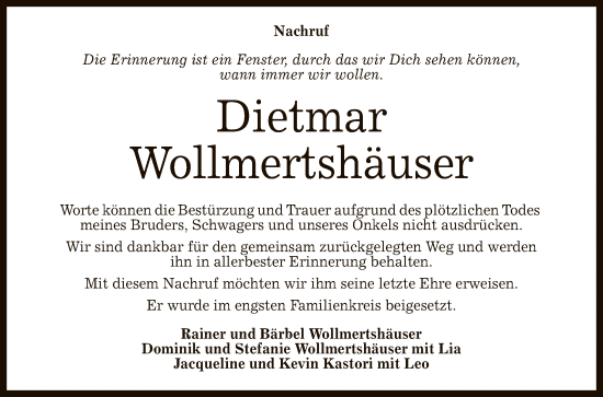 Anzeige von Dietmar Wollmertshäuser von Reutlinger General-Anzeiger