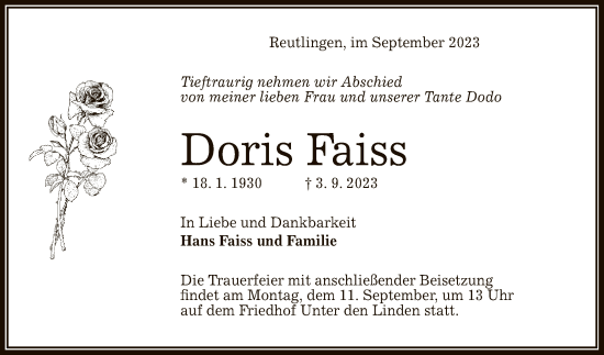 Anzeige von Doris Faiss von Reutlinger General-Anzeiger
