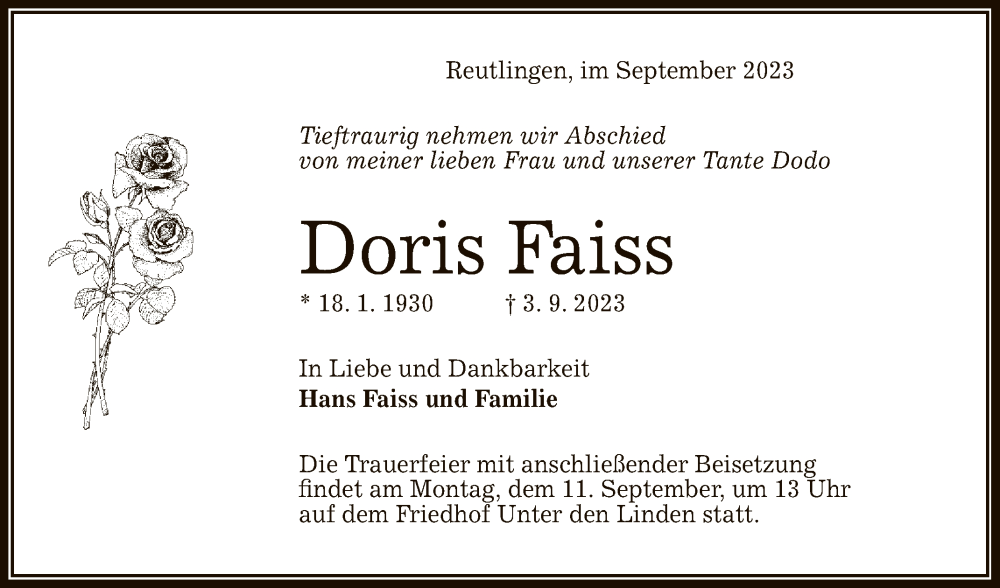  Traueranzeige für Doris Faiss vom 09.09.2023 aus Reutlinger General-Anzeiger