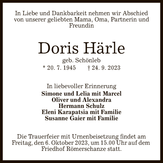 Anzeige von Doris Härle von Reutlinger General-Anzeiger