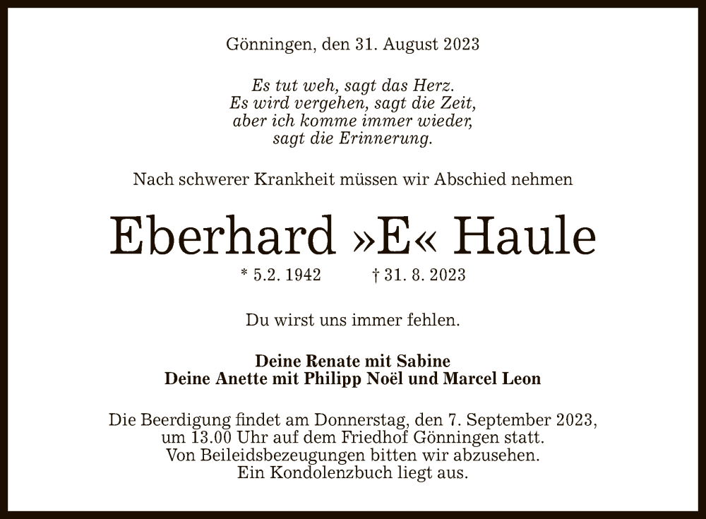  Traueranzeige für Eberhard Haule vom 05.09.2023 aus Reutlinger General-Anzeiger