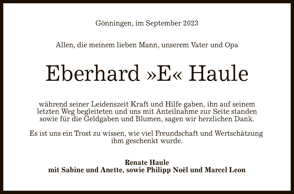  Traueranzeige für Eberhard Haule vom 29.09.2023 aus Reutlinger General-Anzeiger