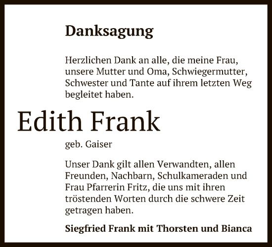 Anzeige von Edith Frank von Reutlinger General-Anzeiger