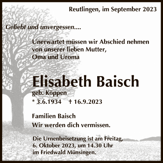 Anzeige von Elisabeth Baisch von Reutlinger General-Anzeiger