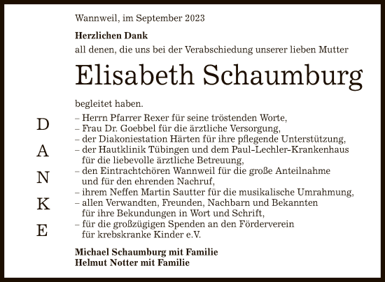 Anzeige von Elisabeth Schaumburg von Reutlinger General-Anzeiger