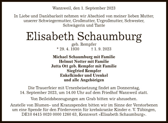 Anzeige von Elisabeth Schaumburg von Reutlinger General-Anzeiger