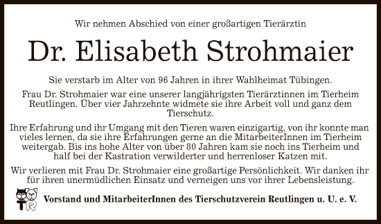 Anzeige von Elisabeth Strohmaier von Reutlinger General-Anzeiger