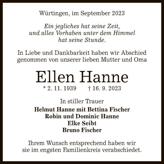 Anzeige von Ellen Hanne von Reutlinger General-Anzeiger