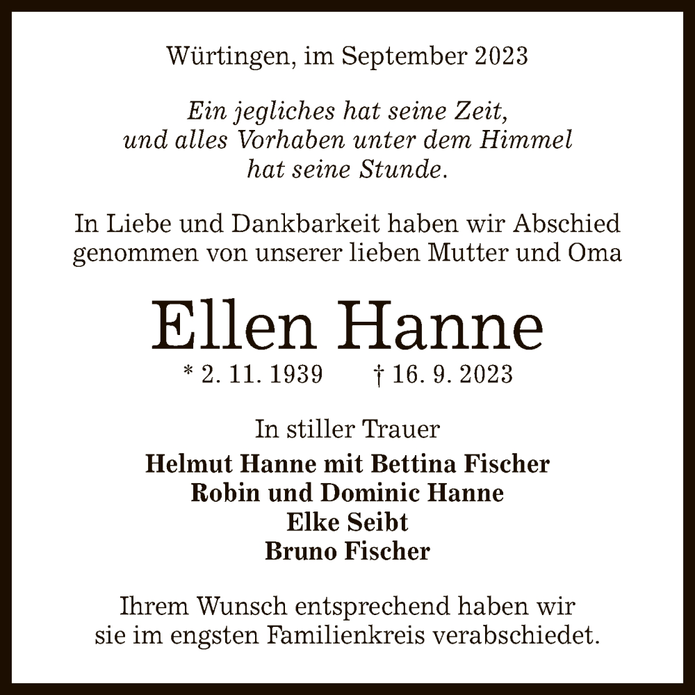  Traueranzeige für Ellen Hanne vom 30.09.2023 aus Reutlinger General-Anzeiger