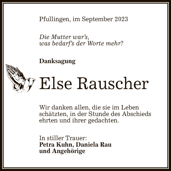 Anzeige von Else Rauscher von Reutlinger General-Anzeiger