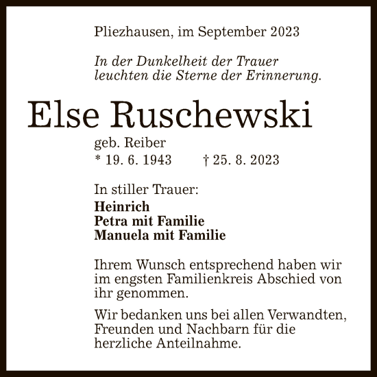 Anzeige von Else Ruschewski von Reutlinger General-Anzeiger