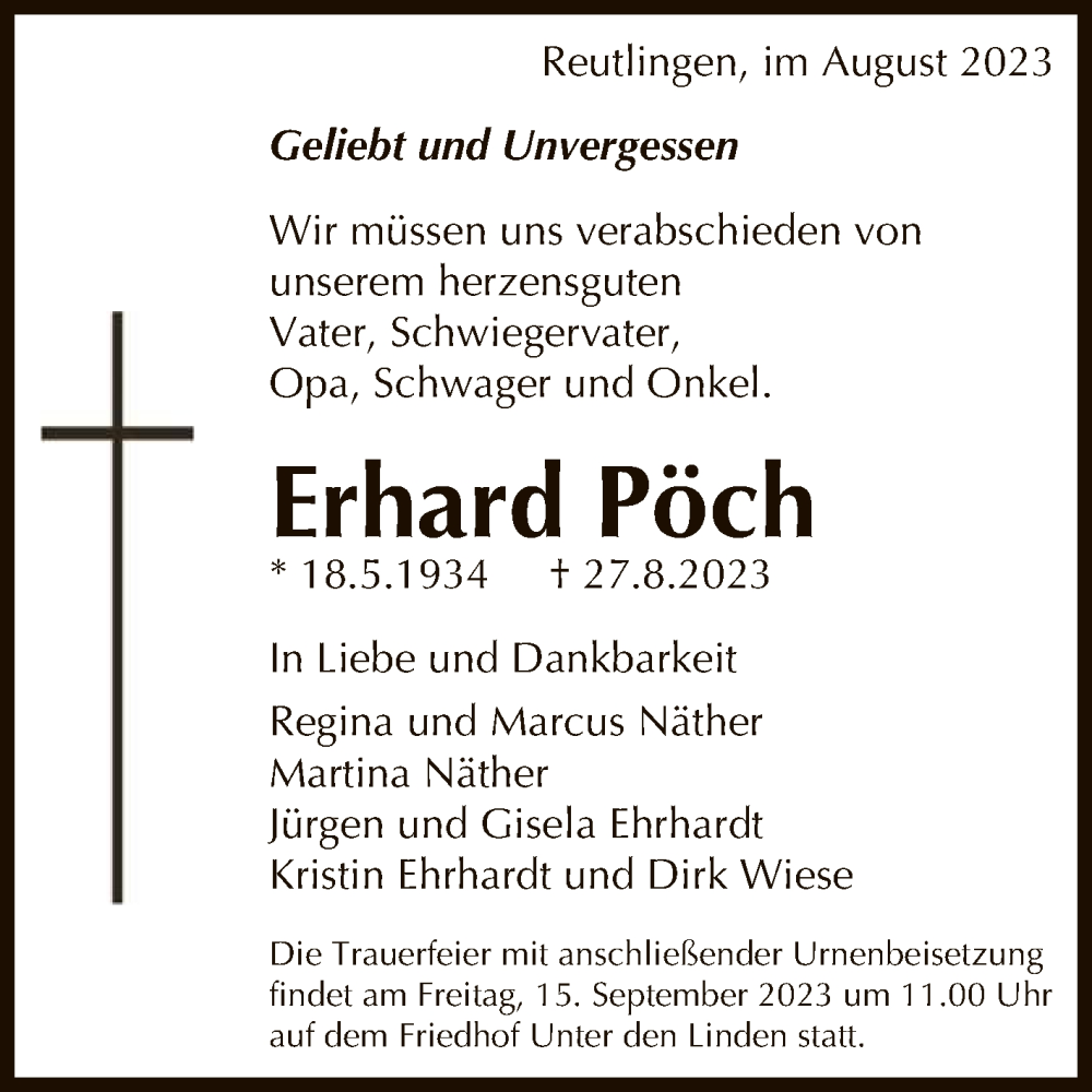  Traueranzeige für Erhard Pöch vom 08.09.2023 aus Reutlinger General-Anzeiger
