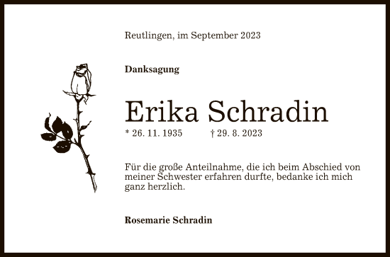 Anzeige von Erika Schradin von Reutlinger General-Anzeiger