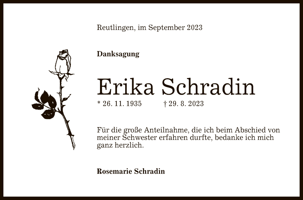  Traueranzeige für Erika Schradin vom 23.09.2023 aus Reutlinger General-Anzeiger