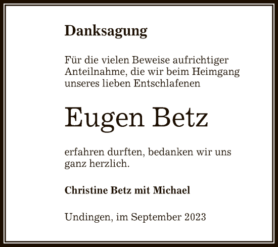 Anzeige von Eugen Betz von Reutlinger General-Anzeiger