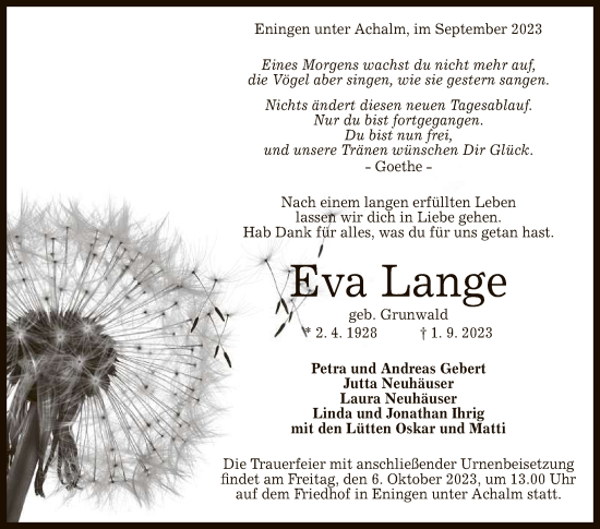 Anzeige von Eva Lange von Reutlinger General-Anzeiger