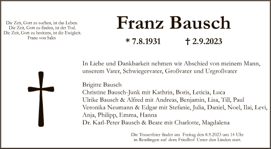 Anzeige von Franz Bausch von Reutlinger General-Anzeiger