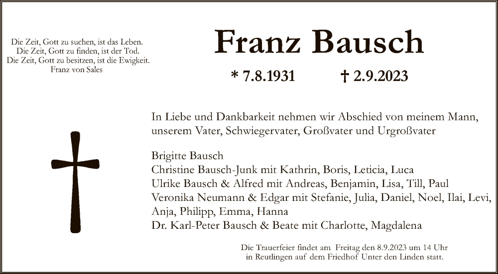  Traueranzeige für Franz Bausch vom 05.09.2023 aus Reutlinger General-Anzeiger