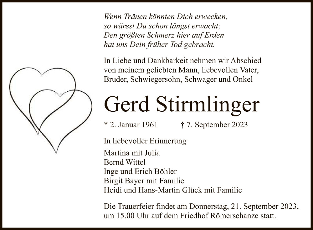  Traueranzeige für Gerd Stirmlinger vom 16.09.2023 aus Reutlinger General-Anzeiger