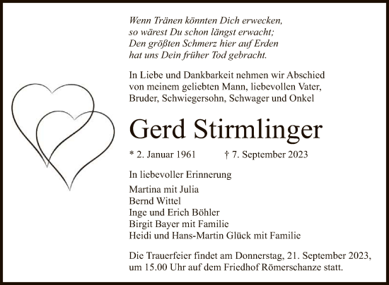 Anzeige von Gerd Stirmlinger von Reutlinger General-Anzeiger