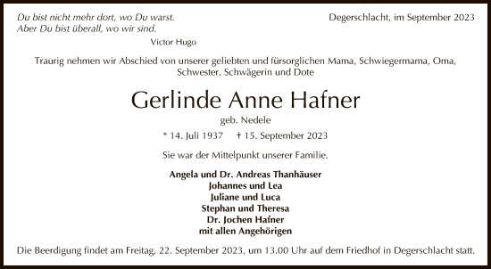 Anzeige von Gerlinde Anne Hafner von Reutlinger General-Anzeiger