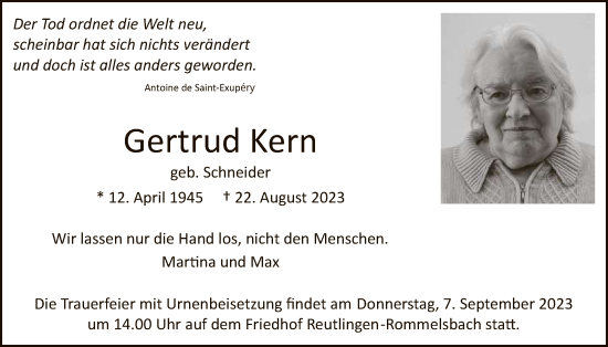 Anzeige von Gertrud Kern von Reutlinger General-Anzeiger