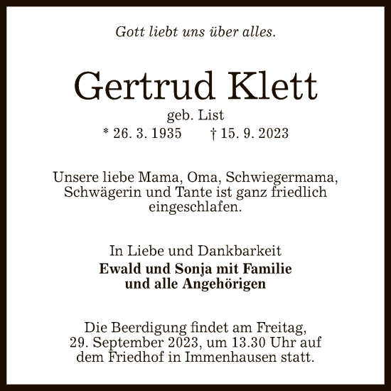 Anzeige von Gertrud Klett von Reutlinger General-Anzeiger