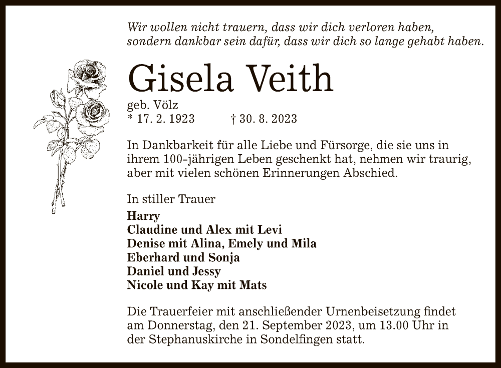  Traueranzeige für Gisela Veith vom 16.09.2023 aus Reutlinger General-Anzeiger