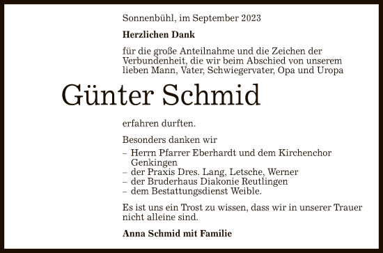 Anzeige von Günter Schmid von Reutlinger General-Anzeiger