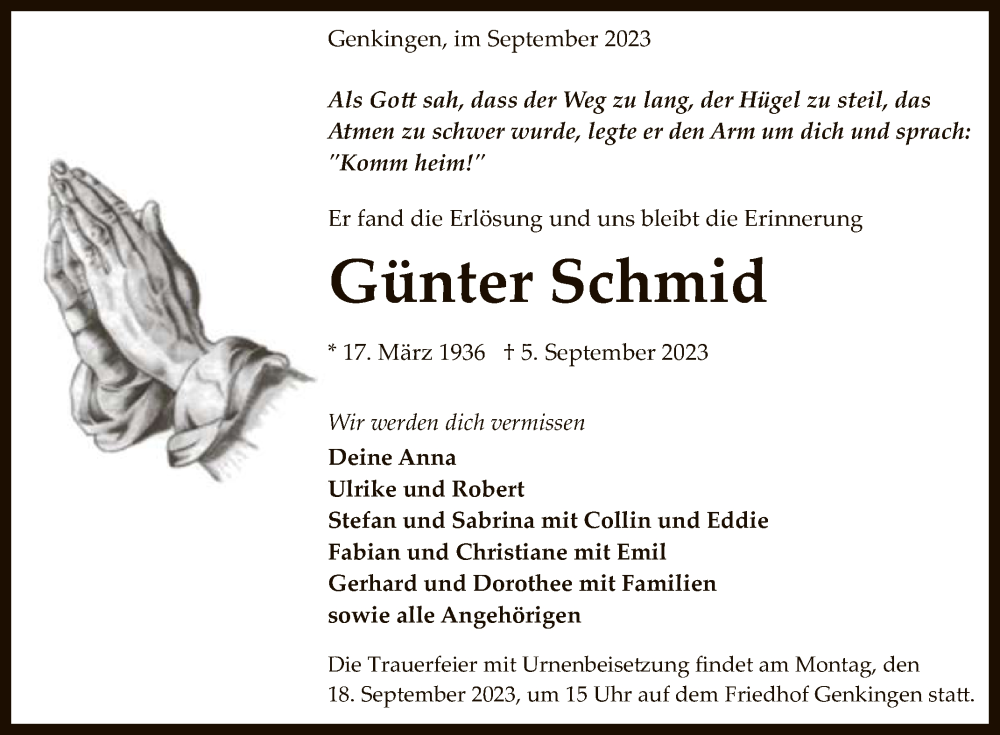  Traueranzeige für Günter Schmid vom 14.09.2023 aus Reutlinger General-Anzeiger