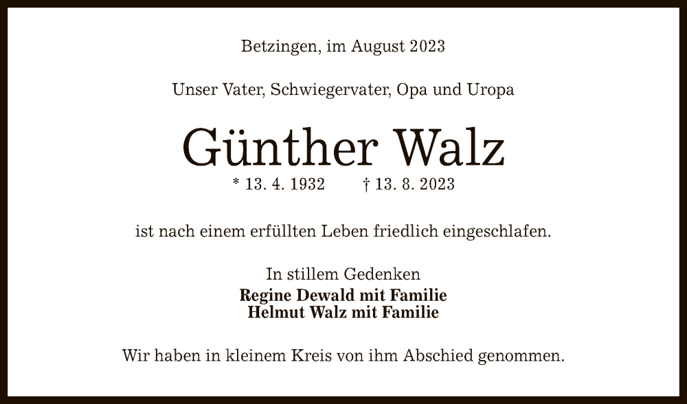  Traueranzeige für Günther Walz vom 02.09.2023 aus Reutlinger General-Anzeiger