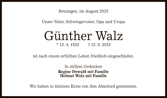 Anzeige von Günther Walz von Reutlinger General-Anzeiger