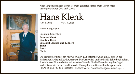 Anzeige von Hans Klenk von Reutlinger General-Anzeiger