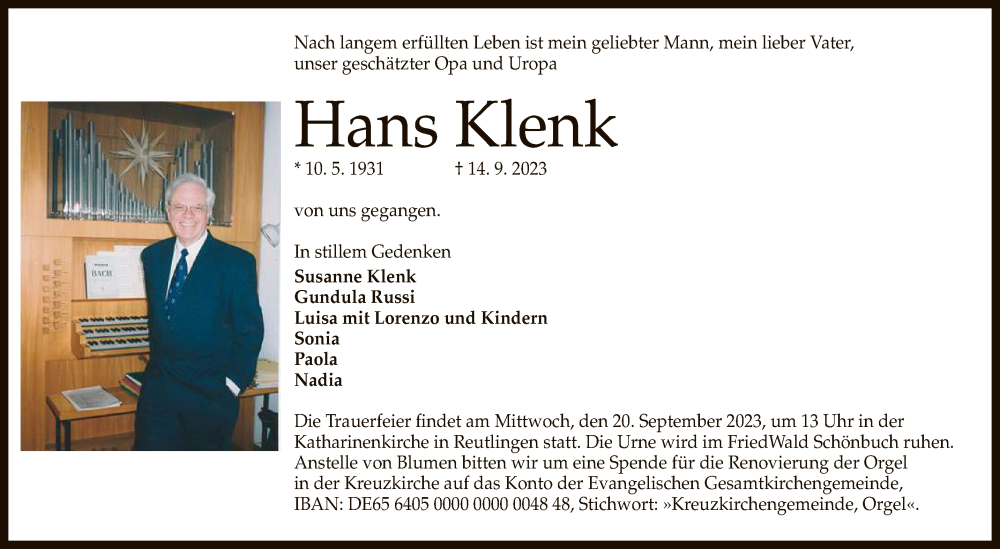  Traueranzeige für Hans Klenk vom 19.09.2023 aus Reutlinger General-Anzeiger