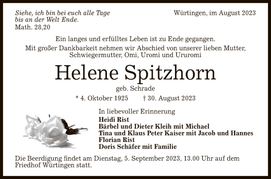 Anzeige von Helene Spitzhorn von Reutlinger General-Anzeiger