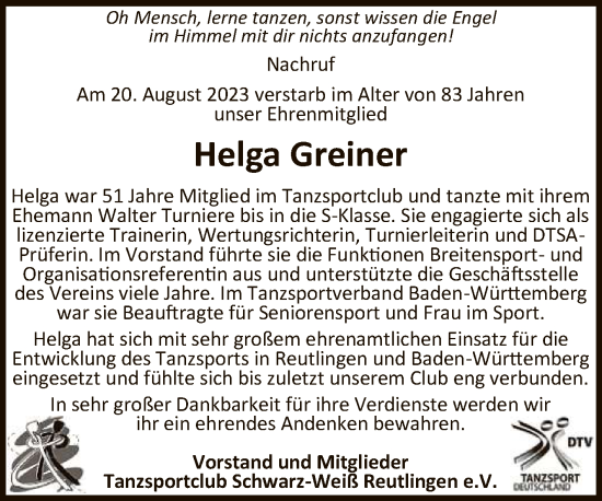 Anzeige von Helga Greiner von Reutlinger General-Anzeiger