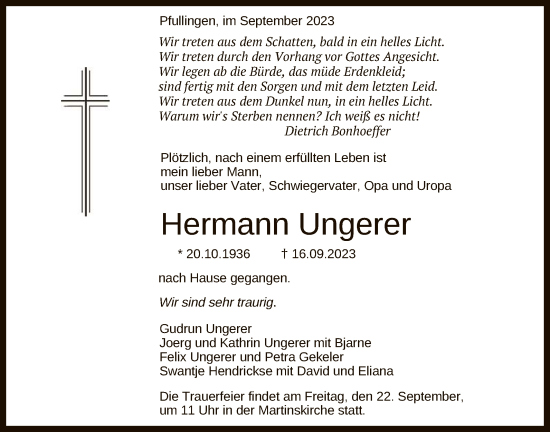 Anzeige von Hermann Ungerer von Reutlinger General-Anzeiger