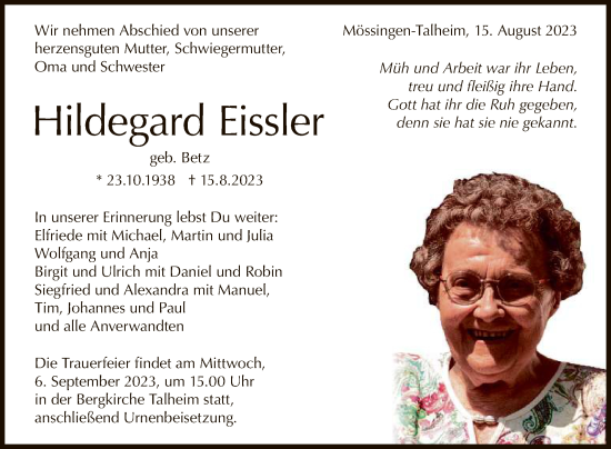 Anzeige von Hildegard Eissler von Reutlinger General-Anzeiger