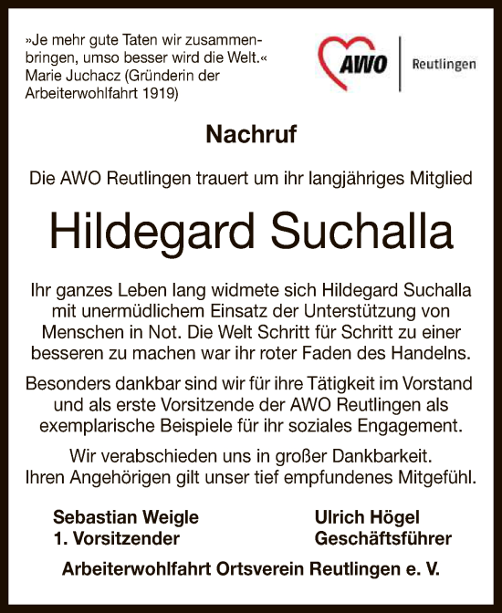 Anzeige von Hildegard Suchalla von Reutlinger General-Anzeiger