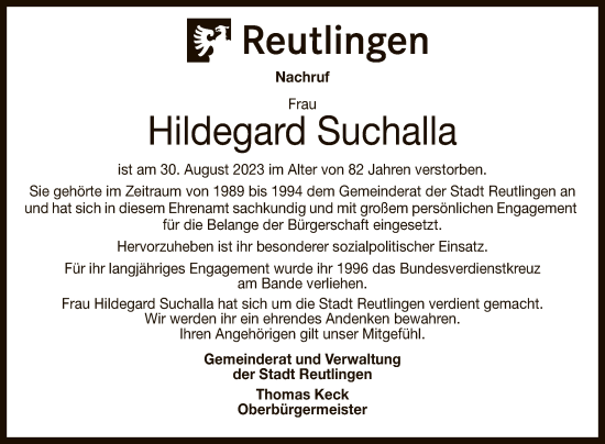 Anzeige von Hildegard Suchalla von Reutlinger General-Anzeiger