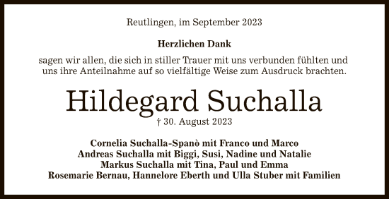 Anzeige von Hildegard Suchalla von Reutlinger General-Anzeiger