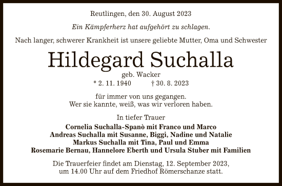 Anzeige von Hildegard Suchalla von Reutlinger General-Anzeiger