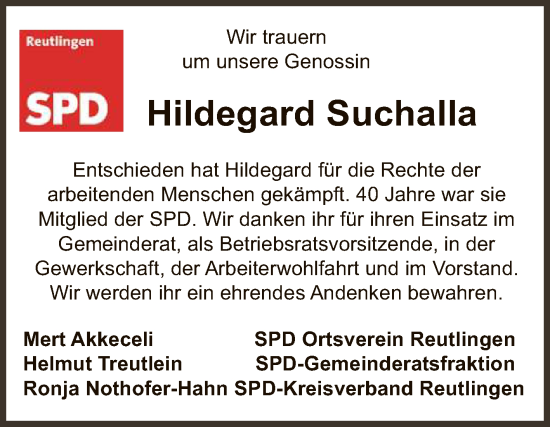 Anzeige von Hildegard Suchalla von Reutlinger General-Anzeiger
