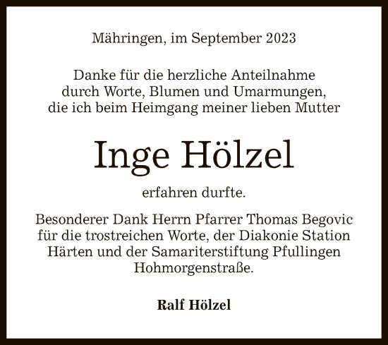 Anzeige von Inge Hölzel von Reutlinger General-Anzeiger